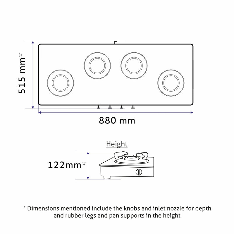 4 Burner Glass Gas Stove with High Flame Brass Burner and Crown Pan Supports (CT1044GTBBBLHFCP) - Manual/Auto Ignition