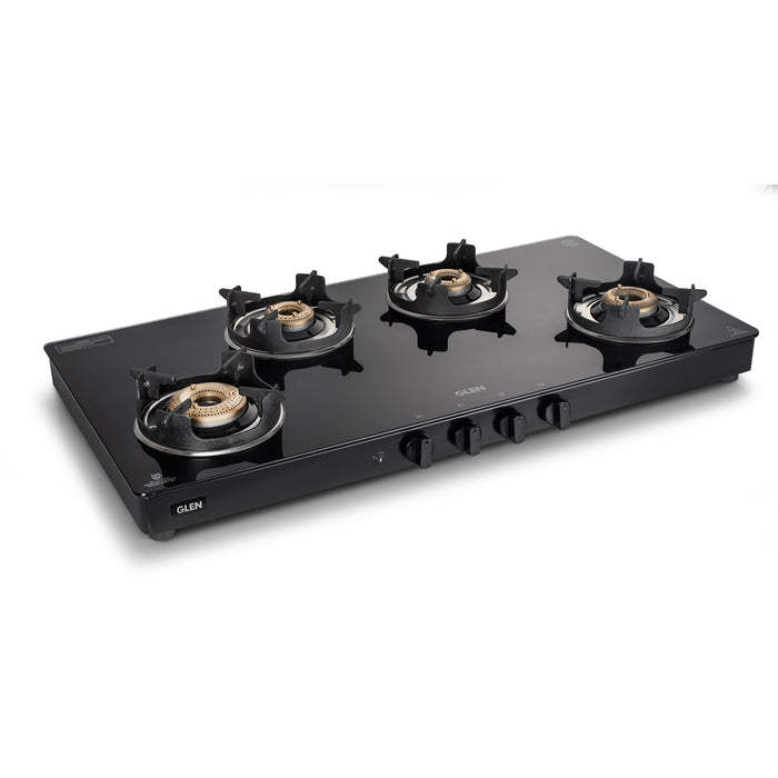 4 Burner Glass Gas Stove with High Flame Brass Burner and Crown Pan Supports (CT1044GTBBBLHFCP) - Manual/Auto Ignition