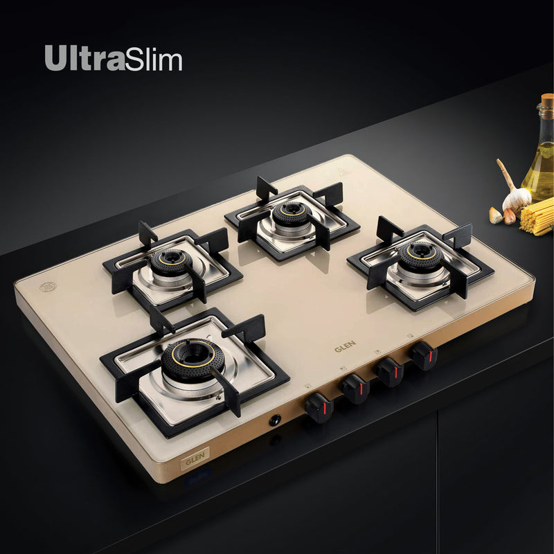 4 Burner Ultra Slim Apricot Glass Gas Stove 1 High Flame 3 Forged Brass Burner - Manual / Auto Ignition (CT1047US)