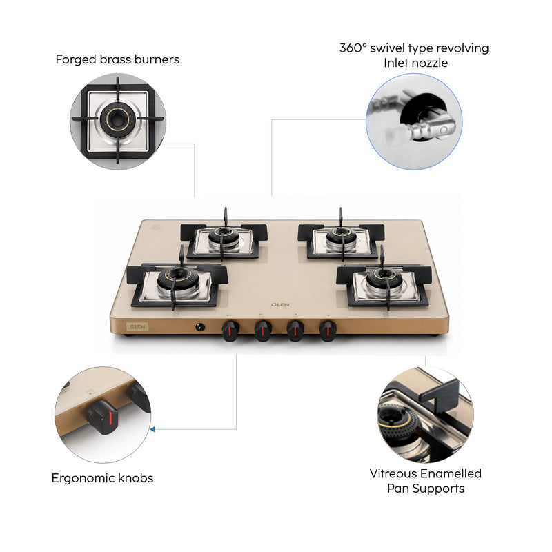4 Burner Ultra Slim Apricot Glass Gas Stove 1 High Flame 3 Forged Brass Burner - Manual / Auto Ignition (CT1047US)