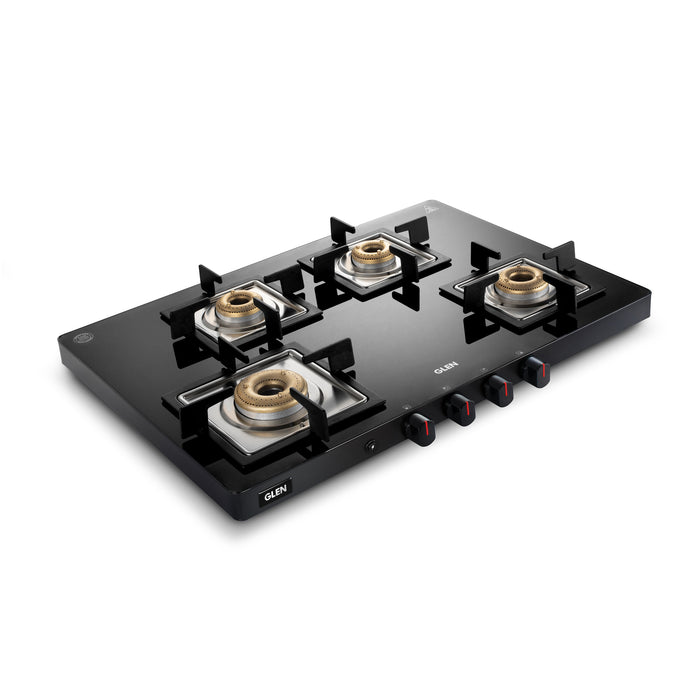 4 Burner Ultra Slim Glass Gas Stove 1 High Flame 3 Forged Brass Burner - Manual / Auto Ignition (1047 US BL)
