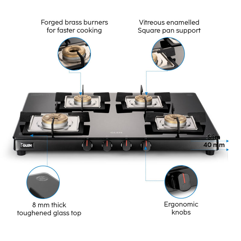 4 Burner Ultra Slim Glass Gas Stove 1 High Flame 3 Forged Brass Burner - Manual / Auto Ignition (CT1048SLSQ BLFB)