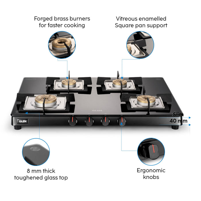 4 Burner Ultra Slim Glass Gas Stove 1 High Flame 3 Forged Brass Burner - Manual / Auto Ignition (1048 SL SQ  BL FB)