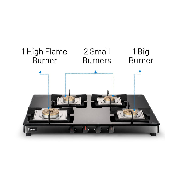 4 Burner Ultra Slim Glass Gas Stove 1 High Flame 3 Forged Brass Burner - Manual / Auto Ignition (CT1048SLSQ BLFB)