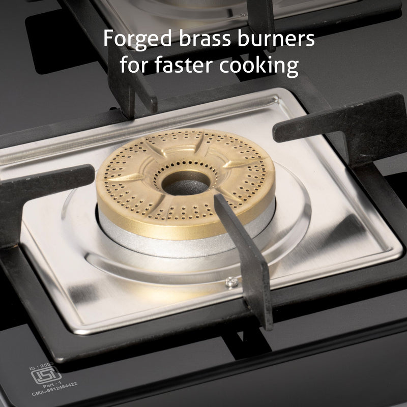 4 Burner Ultra Slim Glass Gas Stove 1 High Flame 3 Forged Brass Burner - Manual / Auto Ignition (CT1048SLSQ BLFB)