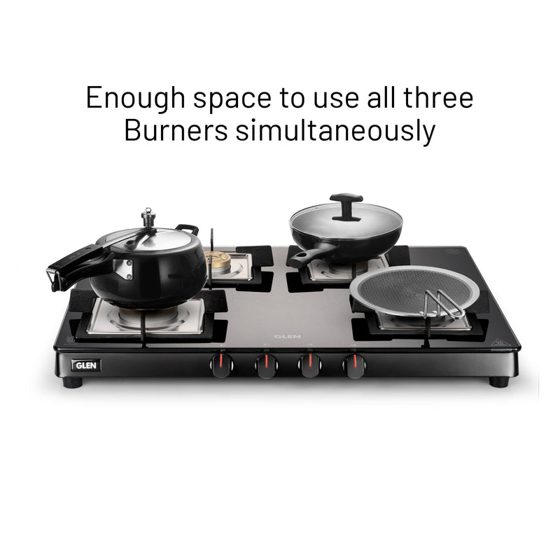 4 Burner Ultra Slim Glass Gas Stove 1 High Flame 3 Forged Brass Burner - Manual / Auto Ignition (CT1048SLSQ BLFB)