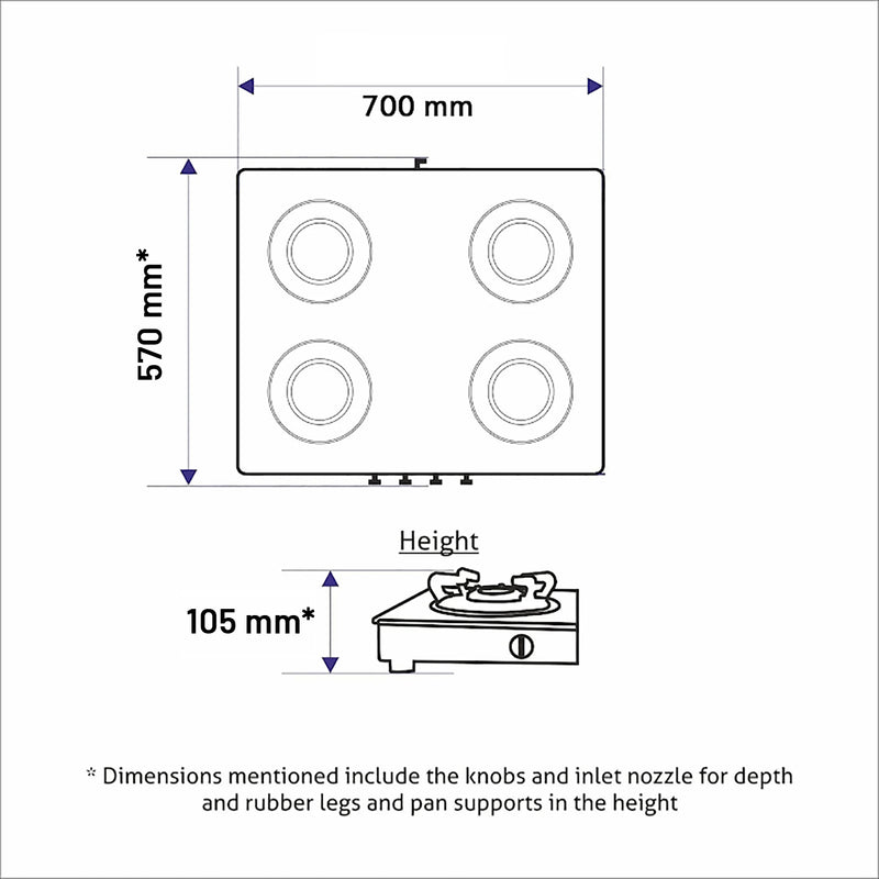 4 Burner Ultra Slim Glass Gas Stove 1 High Flame 3 Forged Brass Burner - Manual / Auto Ignition (CT1048SLSQ BLFB)