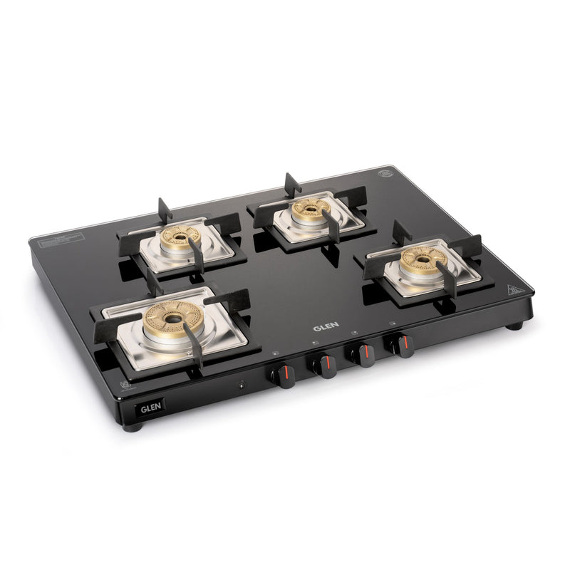 4 Burner Ultra Slim Glass Gas Stove 1 High Flame 3 Forged Brass Burner - Manual / Auto Ignition (CT1048SLSQ BLFB)