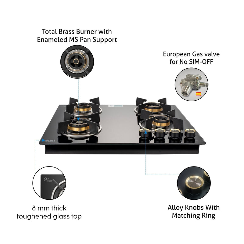 4 Burner Glass Gas Hob Top with Triple Ring, Total Double Ring Brass Burner with Flame Failure Device Auto Ignition (1064ROHTTDBMTRS)