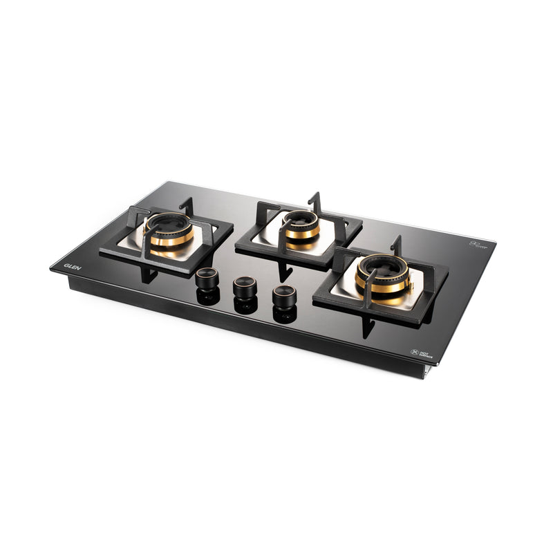 3 Burner Glass Gas Hob Top with Total Double Ring Brass Burner (BH1073SQHTTDB)