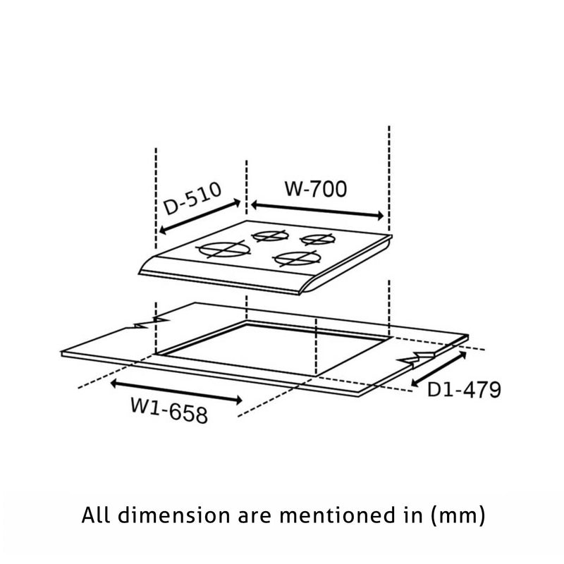 4 Burner Glass Hob Top with Italian Double Ring Burner Auto Ignition (BH 1074 SQ HT IN 70)