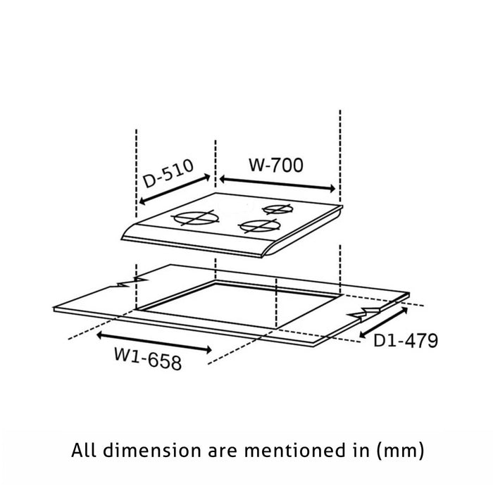 3 Burner Glass Hob Top with with Italian Double Ring Burners Auto Ignition (BH 1073 SQ HT IN 70)