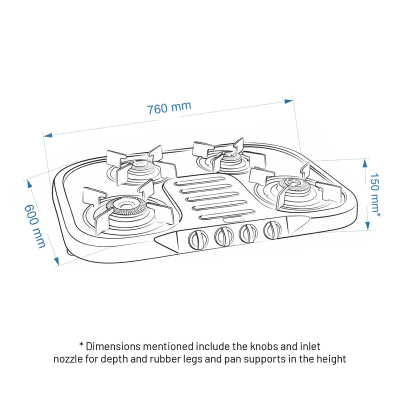 4 Burner Ultra Slim Stainless Steel Gas Stove Extra Wide 1 High Flame 3 Forged Brass Burners - CT1047USDTSS