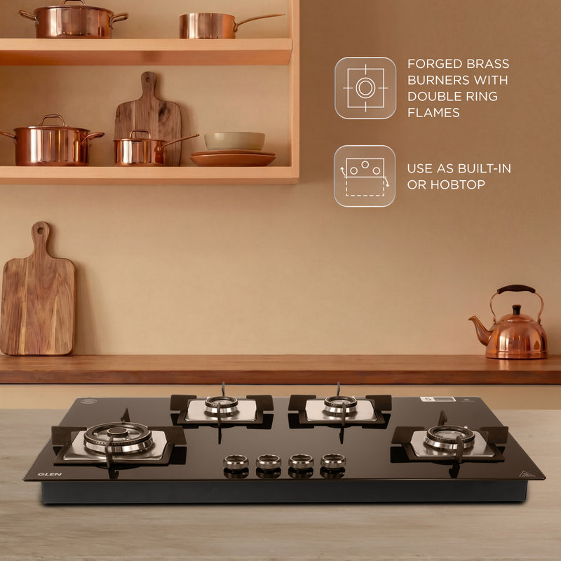 4 Burner Built-in Glass Gas Hob Top Double Ring Forged Brass Burner (1094XLSQHTDBTR)