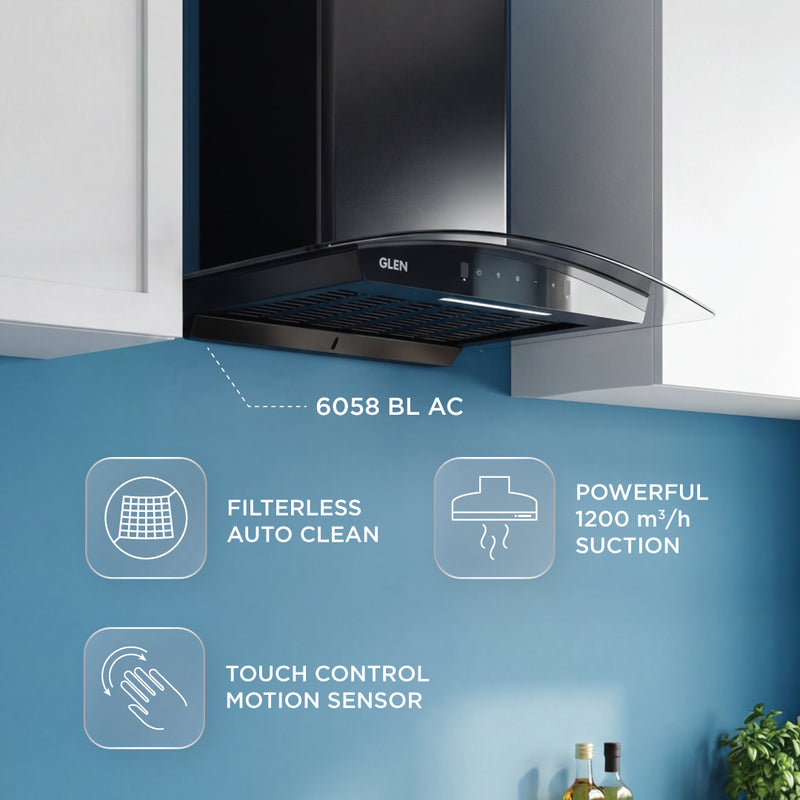 4 Burner Gas Stove Brass Burner (1043 GT) + Auto Clean Chimney with Motion Sensor 60cm 1200 m3h (6058 BL AC)