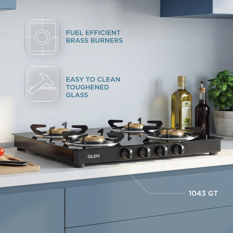 4 Burner Gas Stove Brass Burner (1043 GT) + Auto Clean Chimney with Motion Sensor 60cm 1200 m3h (6058 BL AC)