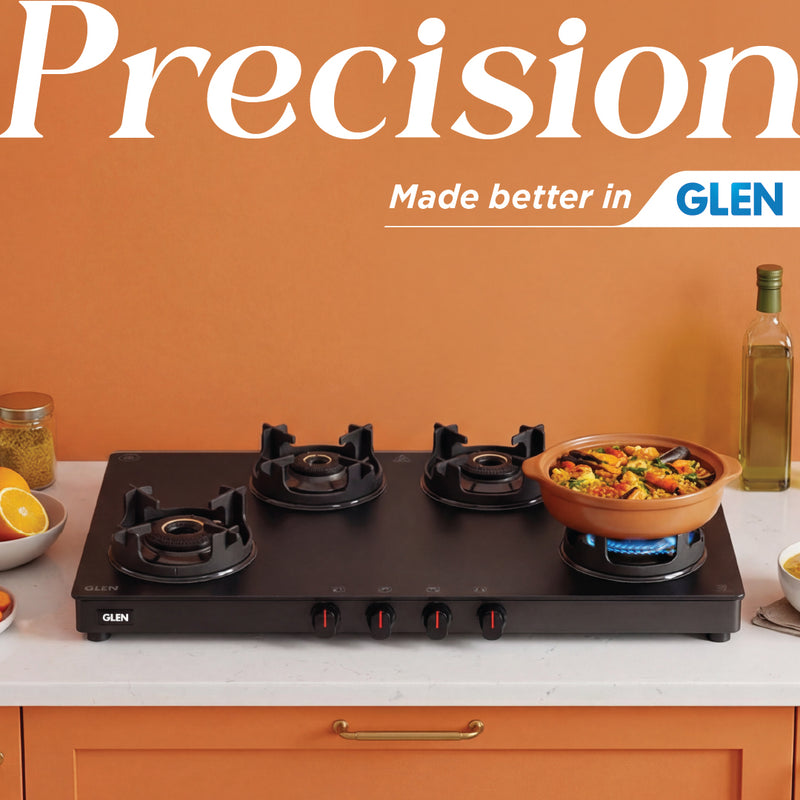 4 Burner Slim Matt Glass Gas Stove with High Flame Brass Burner and Crown Pan Supports - Manual/Auto Ignition (CT1044SLCPBLMG)
