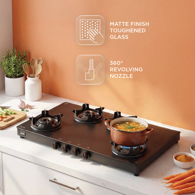 4 Burner Slim Matt Glass Gas Stove with High Flame Brass Burner and Crown Pan Supports - Manual/Auto Ignition (CT1044SLCPBLMG)