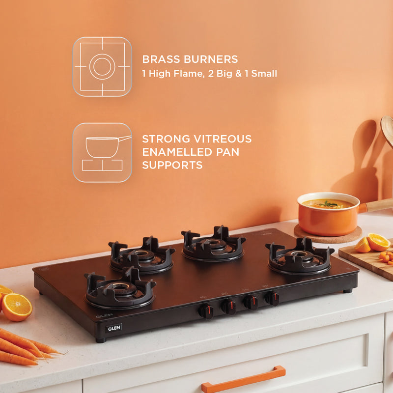 4 Burner Slim Matt Glass Gas Stove with High Flame Brass Burner and Crown Pan Supports - Manual/Auto Ignition (CT1044SLCPBLMG)