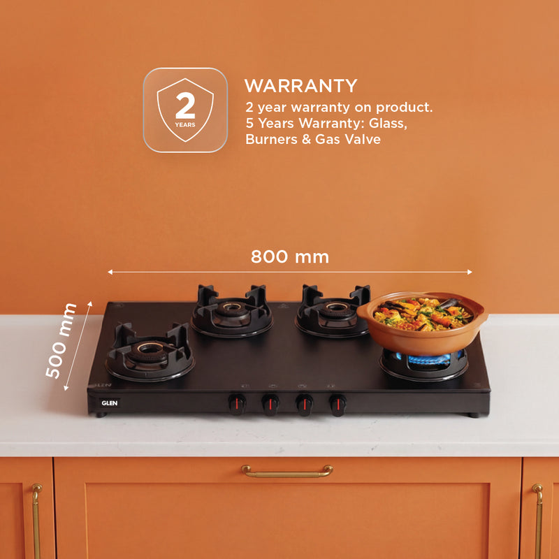 4 Burner Slim Matt Glass Gas Stove with High Flame Brass Burner and Crown Pan Supports - Manual/Auto Ignition (CT1044SLCPBLMG)
