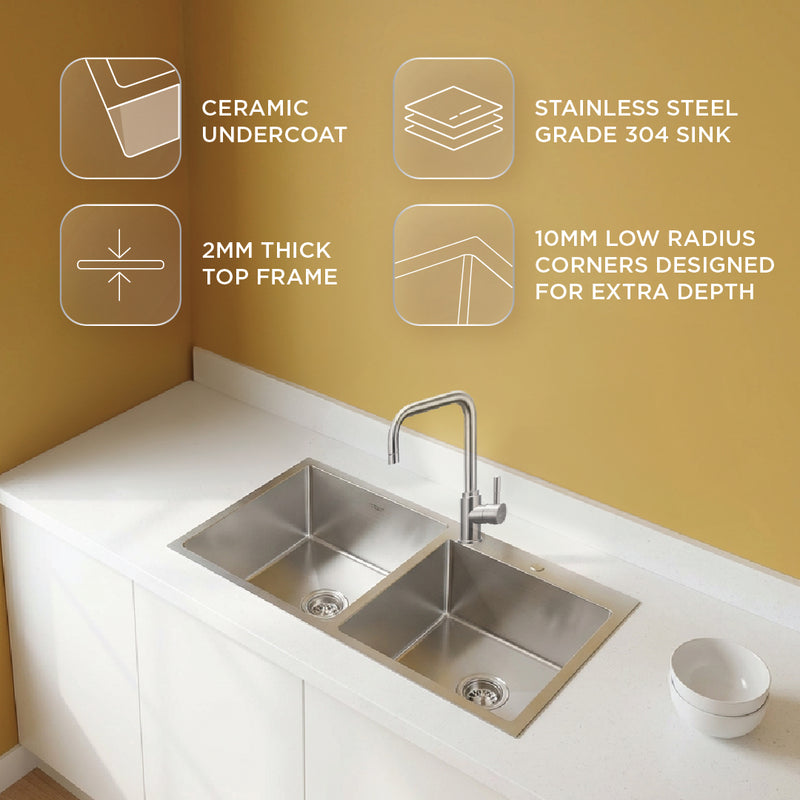 Stainless Steel Grade 304 Sink for Kitchen, Double Bowl Handmade Sink with Half Faucet Deck 37x18x9 inches, Matte Finish (KS-SH37189DBHFDM)