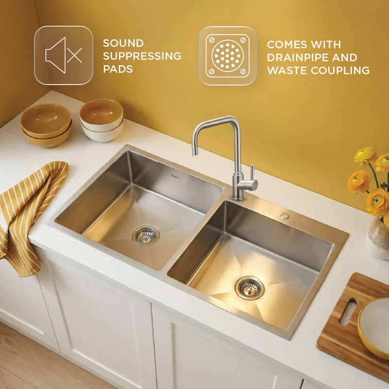 Stainless Steel Grade 304 Sink for Kitchen, Double Bowl Handmade Sink with Half Faucet Deck 37x18x9 inches, Matte Finish (KS-SH37189DBHFDM)