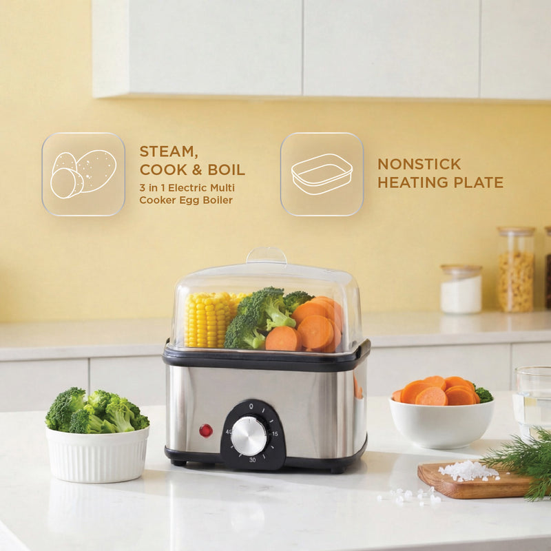 3 in 1 Electric Multi Cooker Egg Boiler - Steam, Cook & Boil, 45 Minutes Timer, 350W -(3035MC)