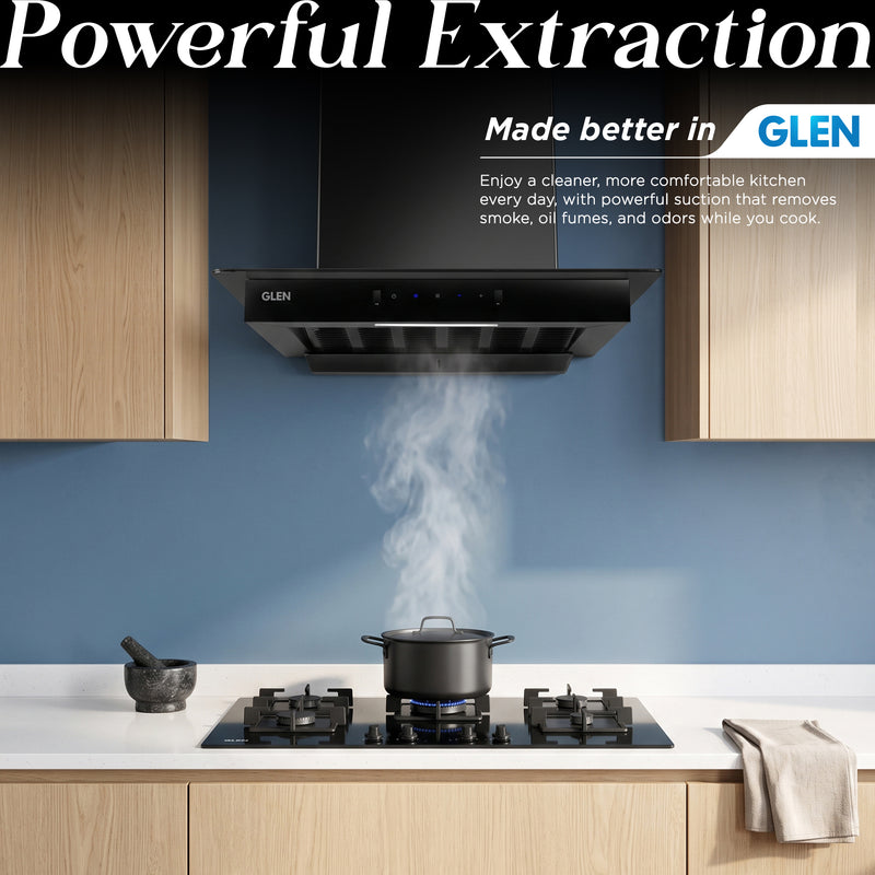 Auto Clean Slim Glass Filter less Kitchen Chimney with Motion Sensor 60/90cm, 1200 m3/h (6062 SLIM BL AC)