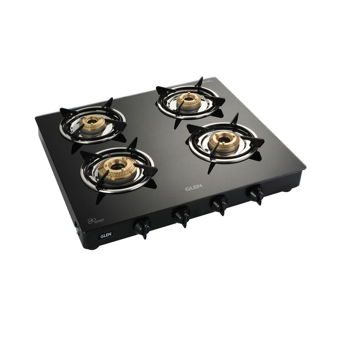 4 Burner Glass Gas Stove 1 High Flame 3 Brass Burners Black