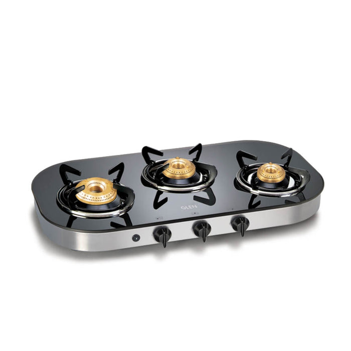 3 Burner Black Glass Gas Stove with High Flame Brass Burner (1036GT) - Manual/ Auto Ignition