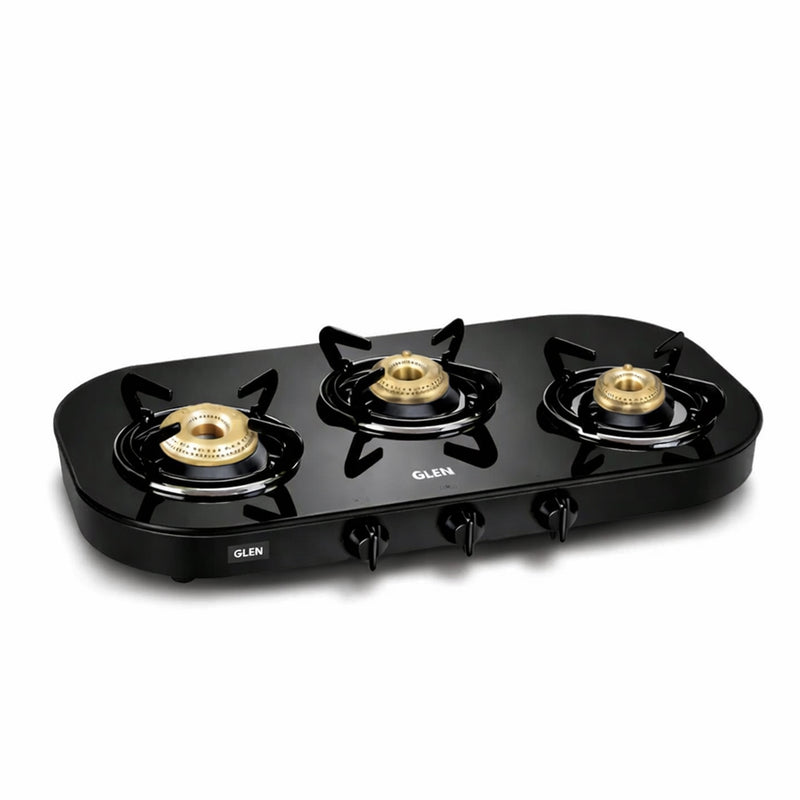 3 Burner Black Glass Gas Stove with High Flame Brass Burner (1036GT) -  Manual/Auto Ignition
