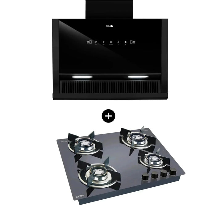 4 Burner Glass Hob Top Double Ring Forged Brass Burners (1064 RO HT DB) + Auto Clean Glass Filterless Chimney 60cm 1200m3/h (6072SXAC)