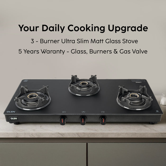 3 Burner Matt Finish Glass Gas Stove with High Flame Brass Burner, Crown Pan Supports - Manual/Auto Ignition (CT1038SLCPBLMG)