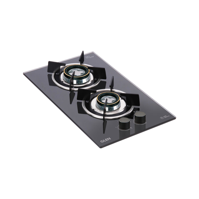 2 Burner Built in Glass Hob with Double Ring Forged Brass Burners Auto Ignition
