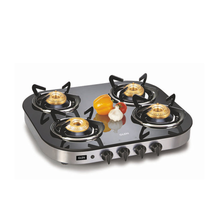 4 Burner Glass Gas Stove 1 High Flame 3  Brass Burner Round Corners (1046 GT) - Manual/Auto Ignition