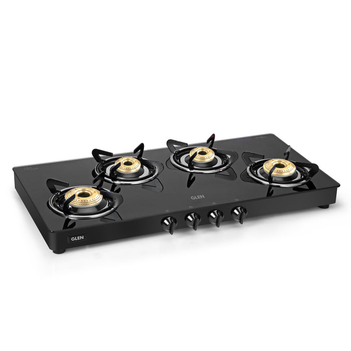 4 Burner Glass Gas Stove Extra Wide 1 High Flame 3 Brass Burners (CT1044GTXL) - Manual/Auto Ignition