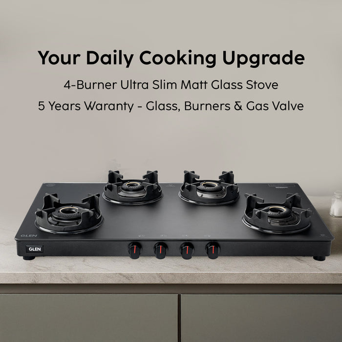 4 Burner Slim Matt Glass Gas Stove with High Flame Brass Burner and Crown Pan Supports (CT1044SLCPBLMG)