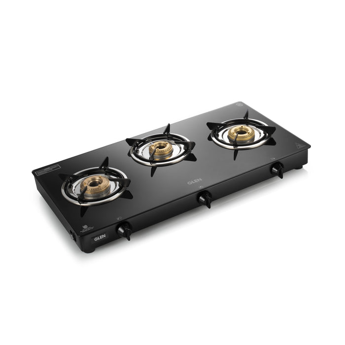 3 Burner Glass Gas Stove with Brass Burner Black