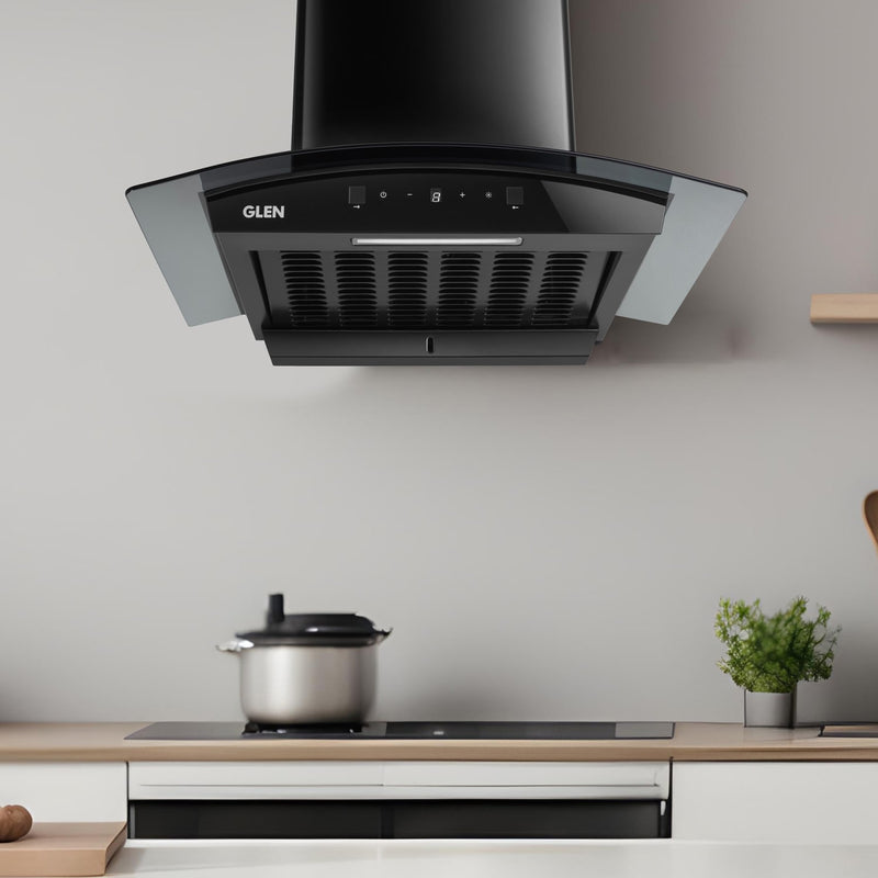 Auto Clean Curved Glass Filter less Kitchen Chimney, Motion Sensor control with Digital Display 60/76/90cm, 1200 m3/h (6058 DI BL AC)