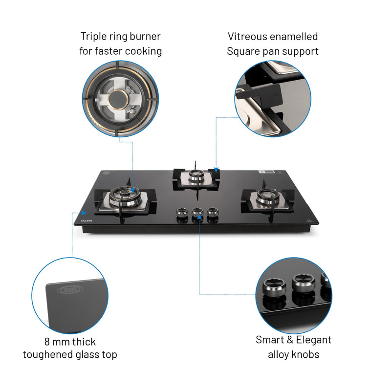 3 Burner Built-in Glass Gas Hob Top Double Ring Forged Brass Burner (1093XLSQHTDBTR)