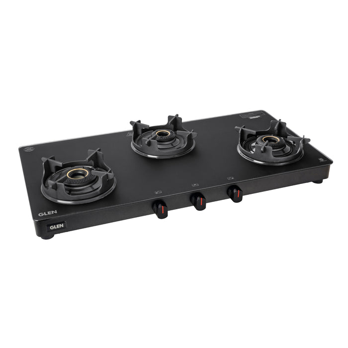 3 Burner Matt Finish Glass Gas Stove with High Flame Brass Burner, Crown Pan Supports - Manual/Auto Ignition (CT1038SLCPBLMG)