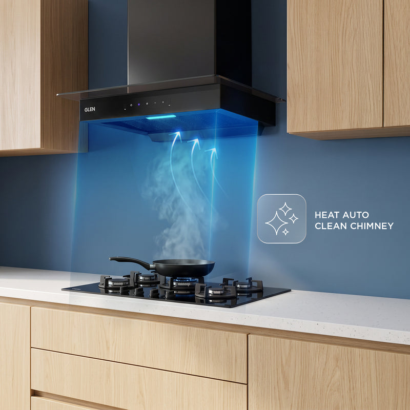 Auto Clean Slim Glass Filter less Kitchen Chimney with Motion Sensor 60/90cm, 1200 m3/h (6062 SLIM BL AC)