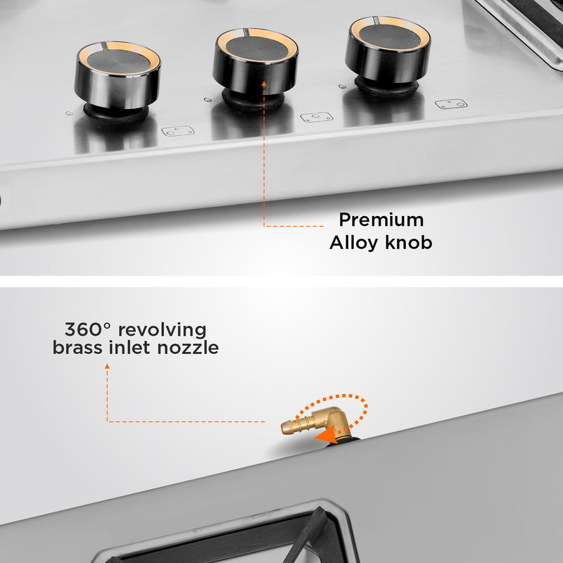 3 Burner Ultra Tuff Stainless Steel Gas Stove with High Efficiency Forged Brass Burners, Top Knobs - Manual/Auto Ignition (CT1053UTTNDTSS)