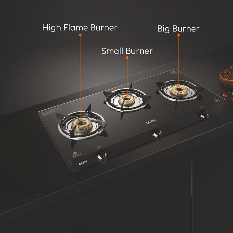 3 Burner Glass Gas Stove with High Flame Brass Burner - Black (CT1030GTHFBBBL)