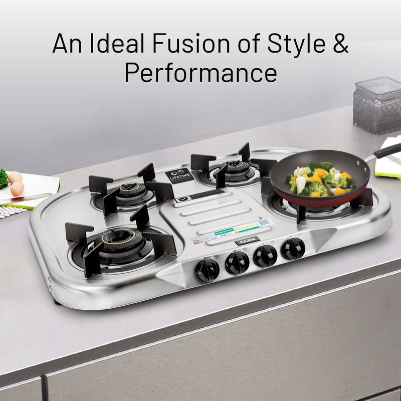 4 Burner Ultra Slim Stainless Steel Gas Stove Extra Wide 1 High Flame 3 Forged Brass Burners - CT1047USDTSS
