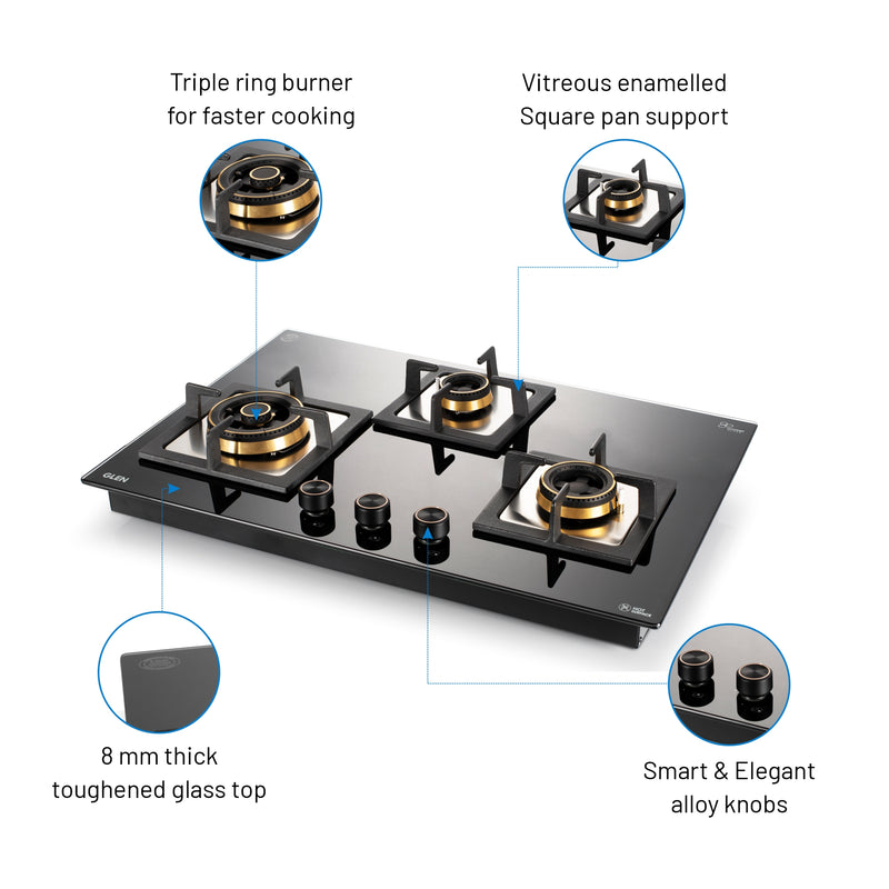 3 Burner Extra Large Glass Gas Hob Top with Triple Ring, Total Double Ring Brass Burner (1073XLCIHTTDBBL)