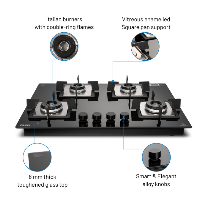 4 Burner Glass Hob Top with Italian Double Ring Burner Auto Ignition (BH 1074 SQ HT IN 70)