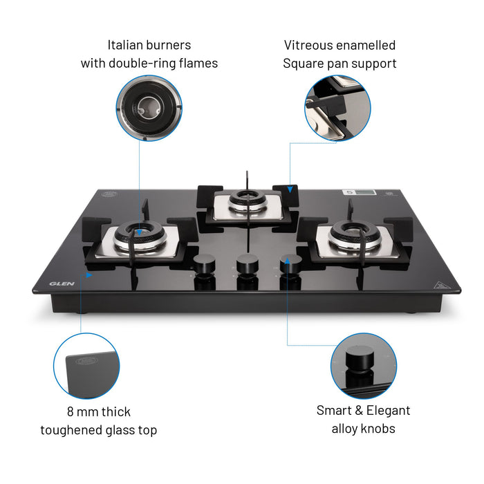 3 Burner Glass Hob Top with with Italian Double Ring Burners Auto Ignition (BH 1073 SQ HT IN 70)