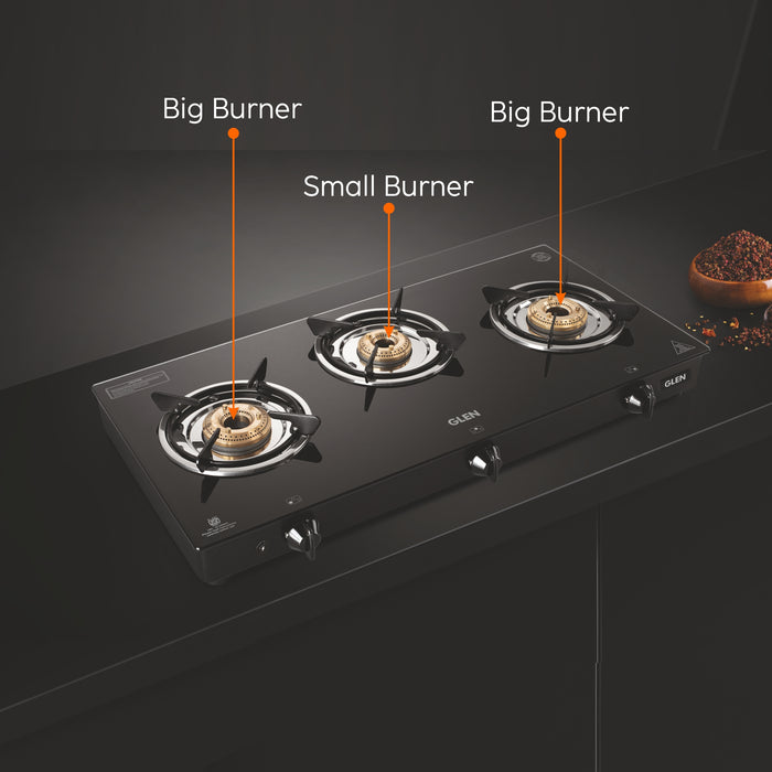 3 Burner Glass Gas Stove with Brass Burner Black - Manual/Auto Ignition (1030 GT BB BL)