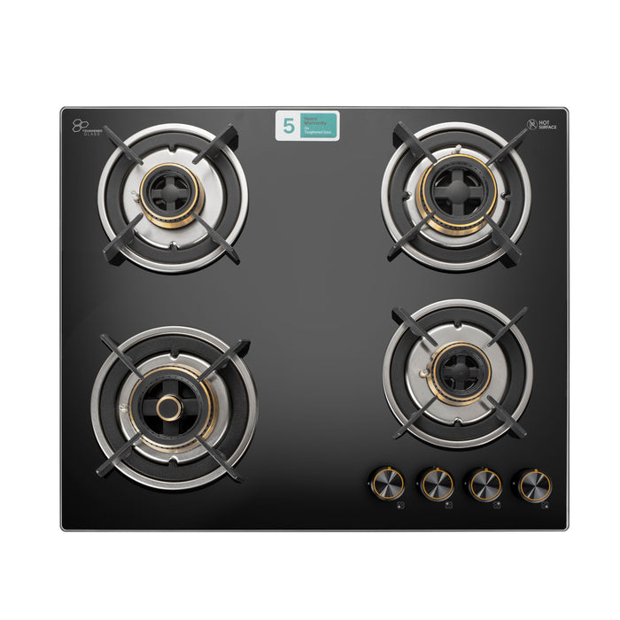 4 Burner Glass Gas Hob Top with Triple Ring, Total Double Ring Brass Burner with Flame Failure Device Auto Ignition (1064ROHTTDBMTRS)